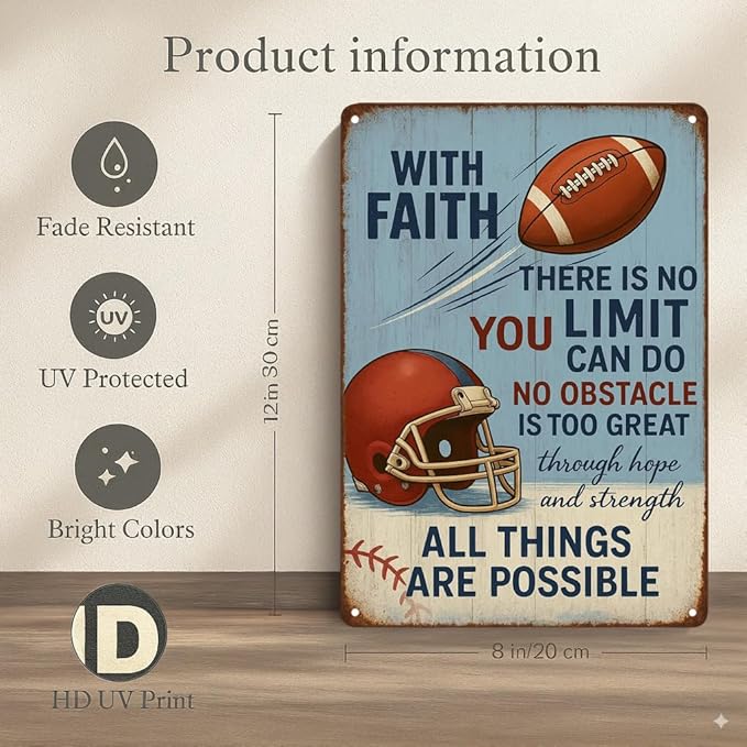 With Faith Football Metal Sign – Vintage Christian Sports Wall Art - Image 2