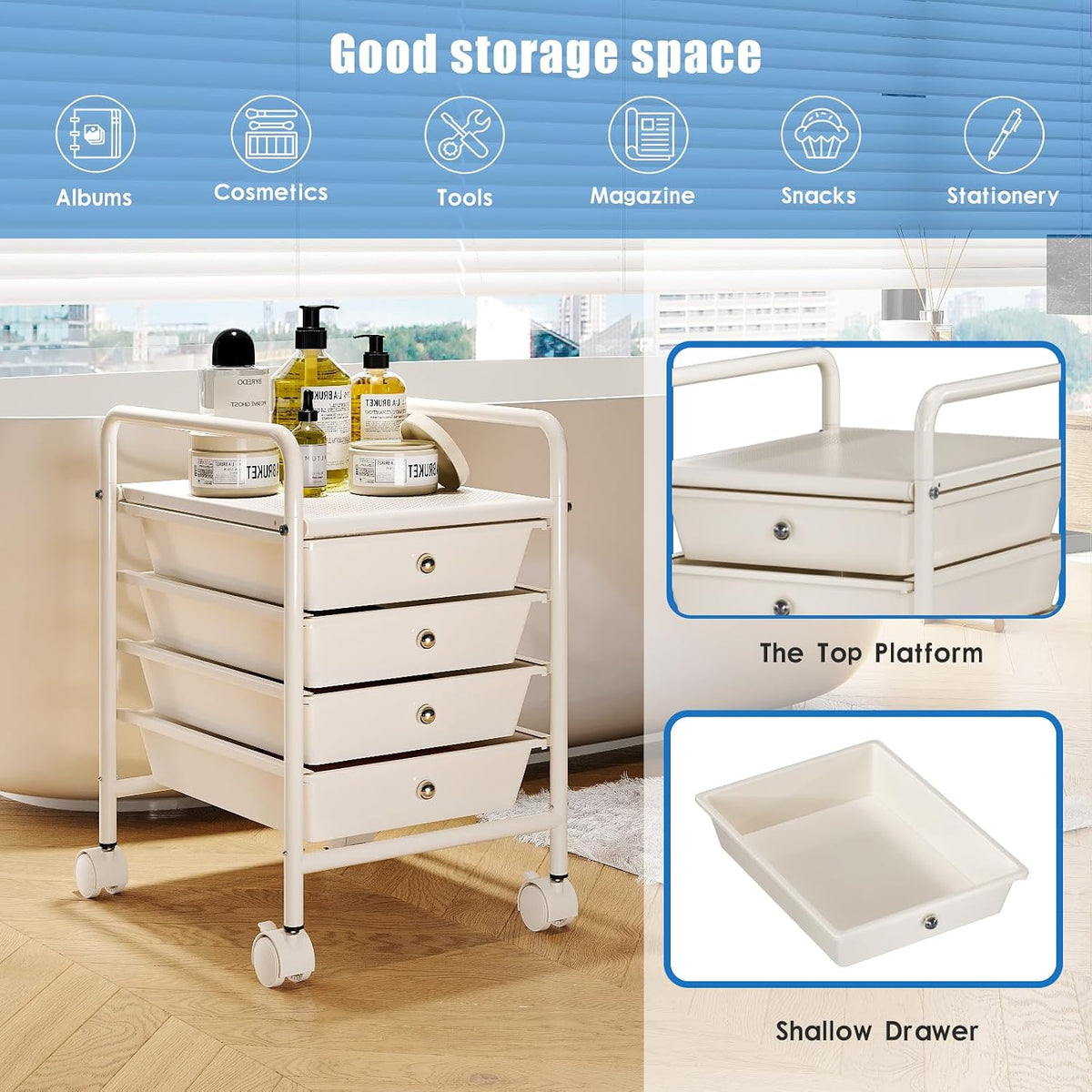 4-Tier Utility Cart with 4 Drawers, Rolling Utility Cart with 2 Lockable Cast...