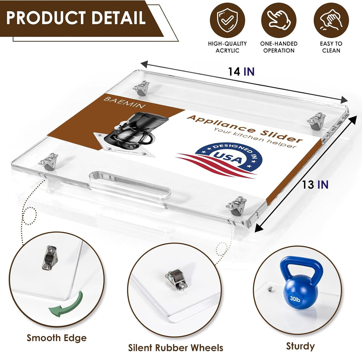 Acrylic Appliance Slider with Rubber Wheels, 13" x 14", Clear
