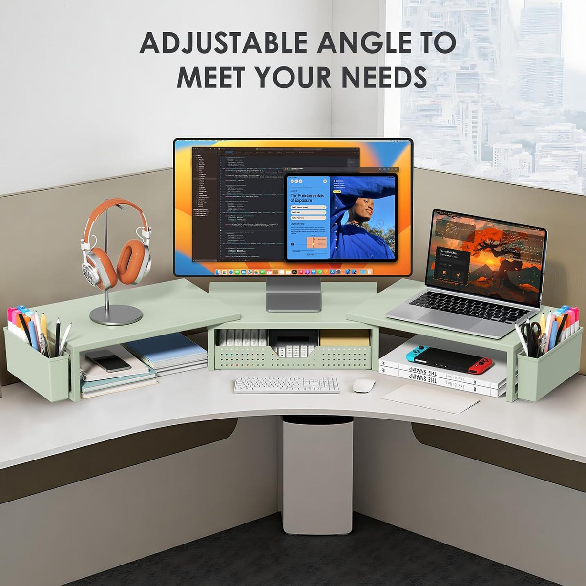 opnice desk organizers and accessories, dual monitor stand showing dimensions