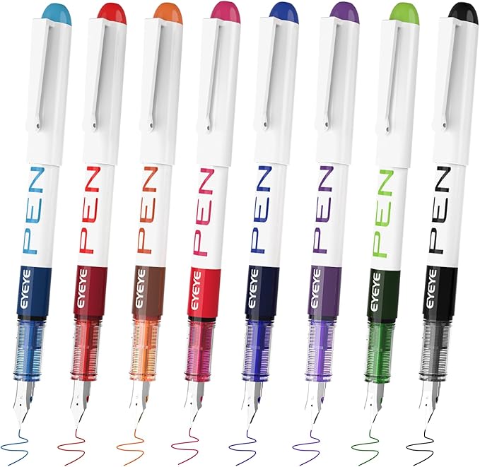 EYEYE Fountain Pens for Writing, 8 Pack Assorted Colors Fine Point Disposable by eyeye