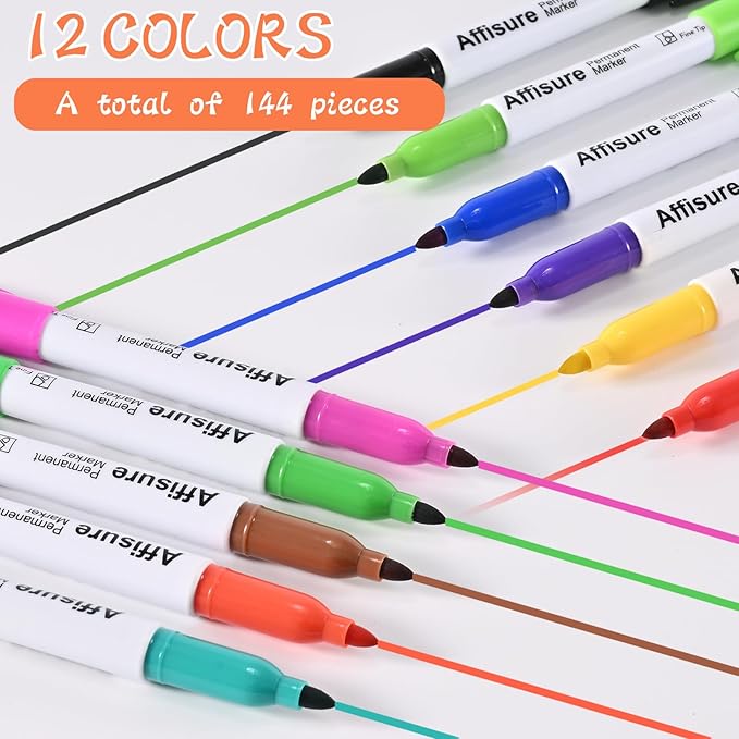 Affisure 12 Colors Permanent Markers， 144 Pack colored marker sets, Fast Dry - Image 4