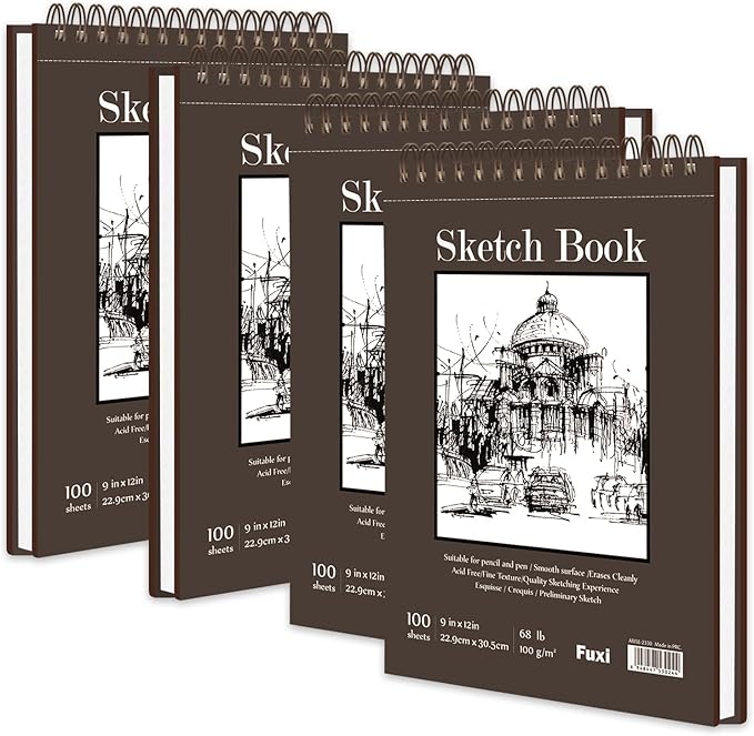 9 x 12 inches Sketch Book, Top Spiral Bound Sketch Pad, 4 Pack 100 Sheets Each by SketchBook