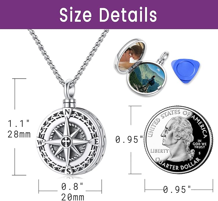 Compass Necklace for Women Men 925 Sterling Silver Pendant Urn Necklaces for - Image 2