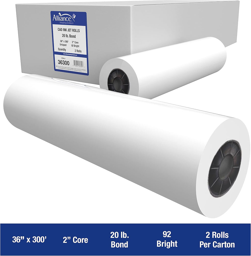 Alliance Wide Format Paper CAD Bond Rolls (20lb | 2 Rolls, 36 In x 300 Ft | 2" Core)