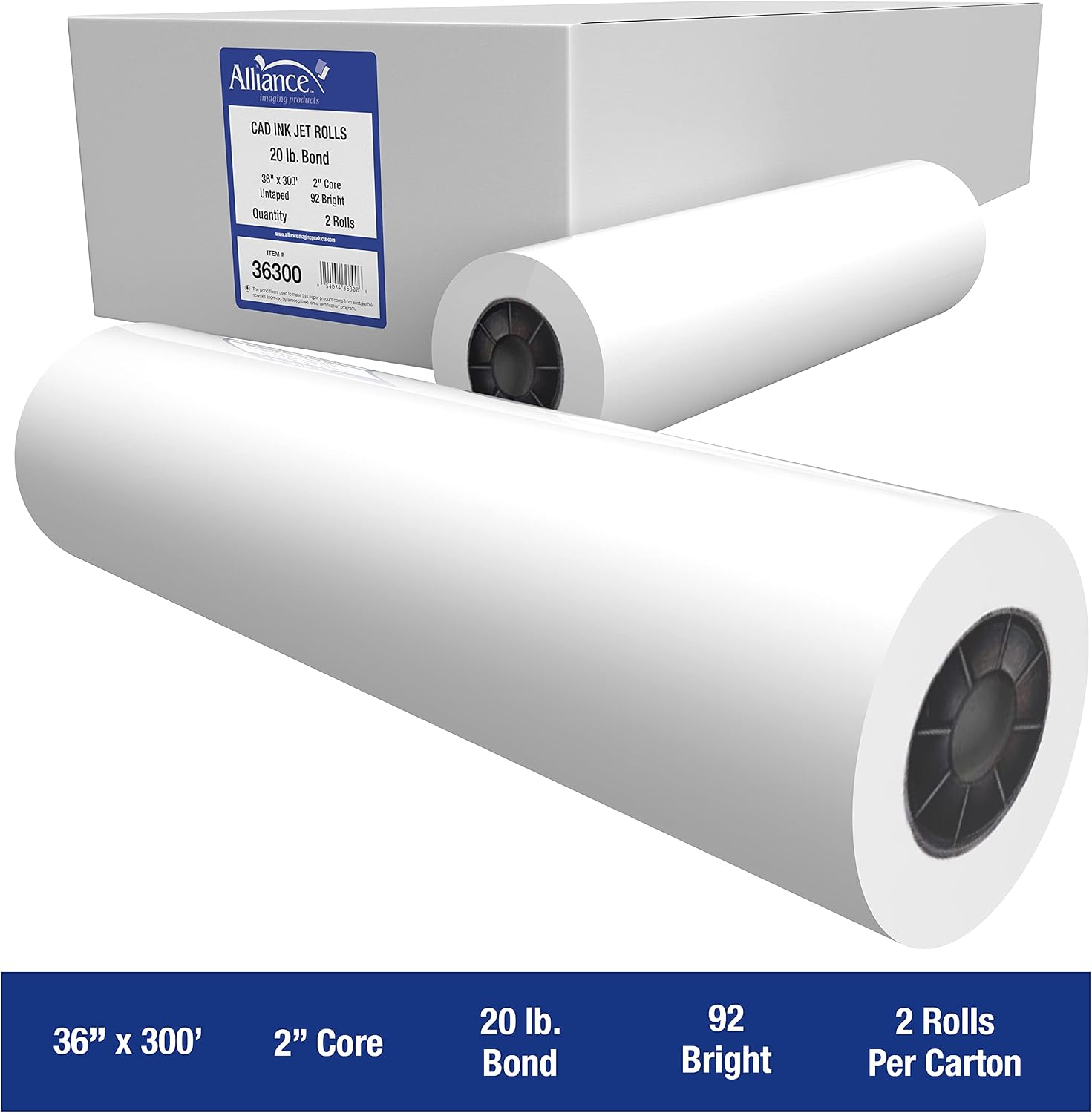 Alliance Wide Format Paper CAD Bond Rolls (20lb | 2 Rolls, 36 In x 300 Ft | 2" Core)