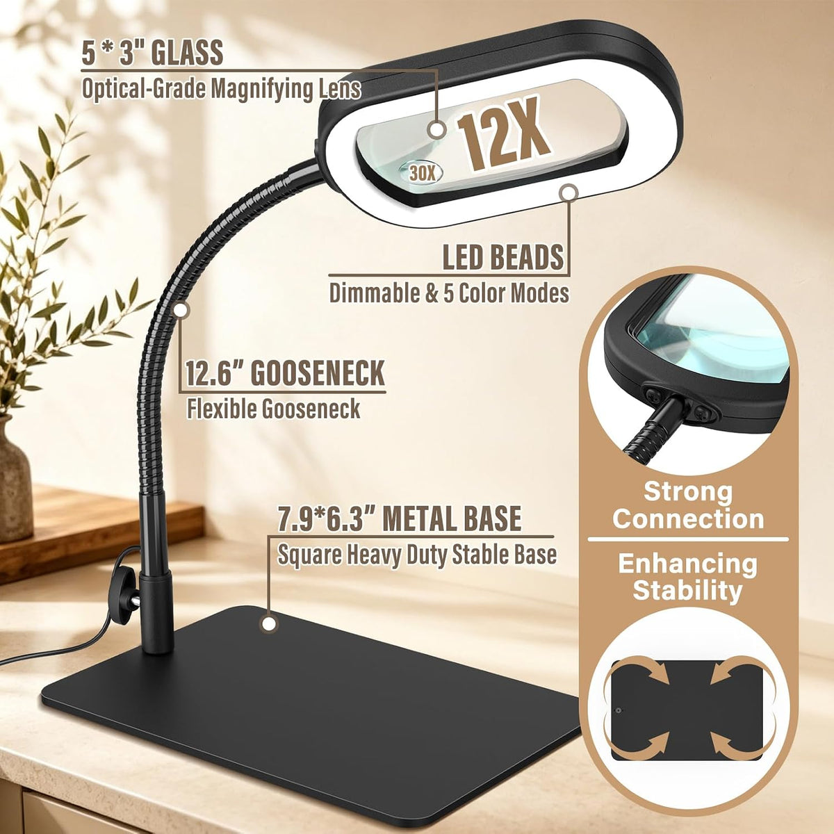 30X 12X Rectangle Magnifying Glass with Light and Stand, Real Glass Lens