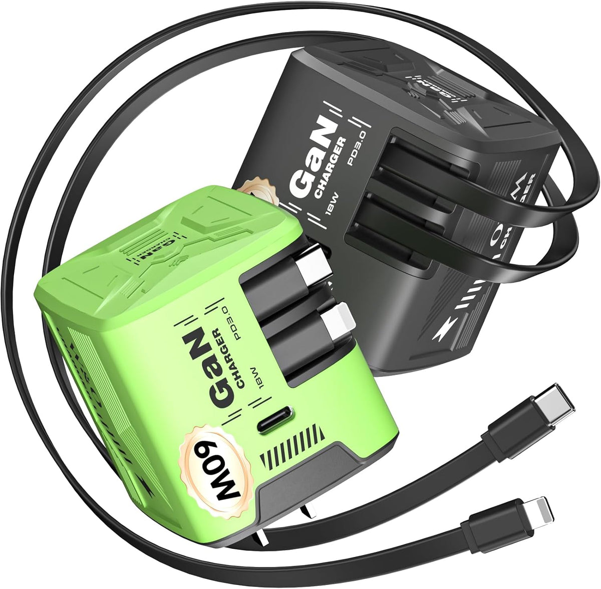 W & O 60W Gan Fast Charger Wall Plug, Built-in Retractable USB-C & L ...