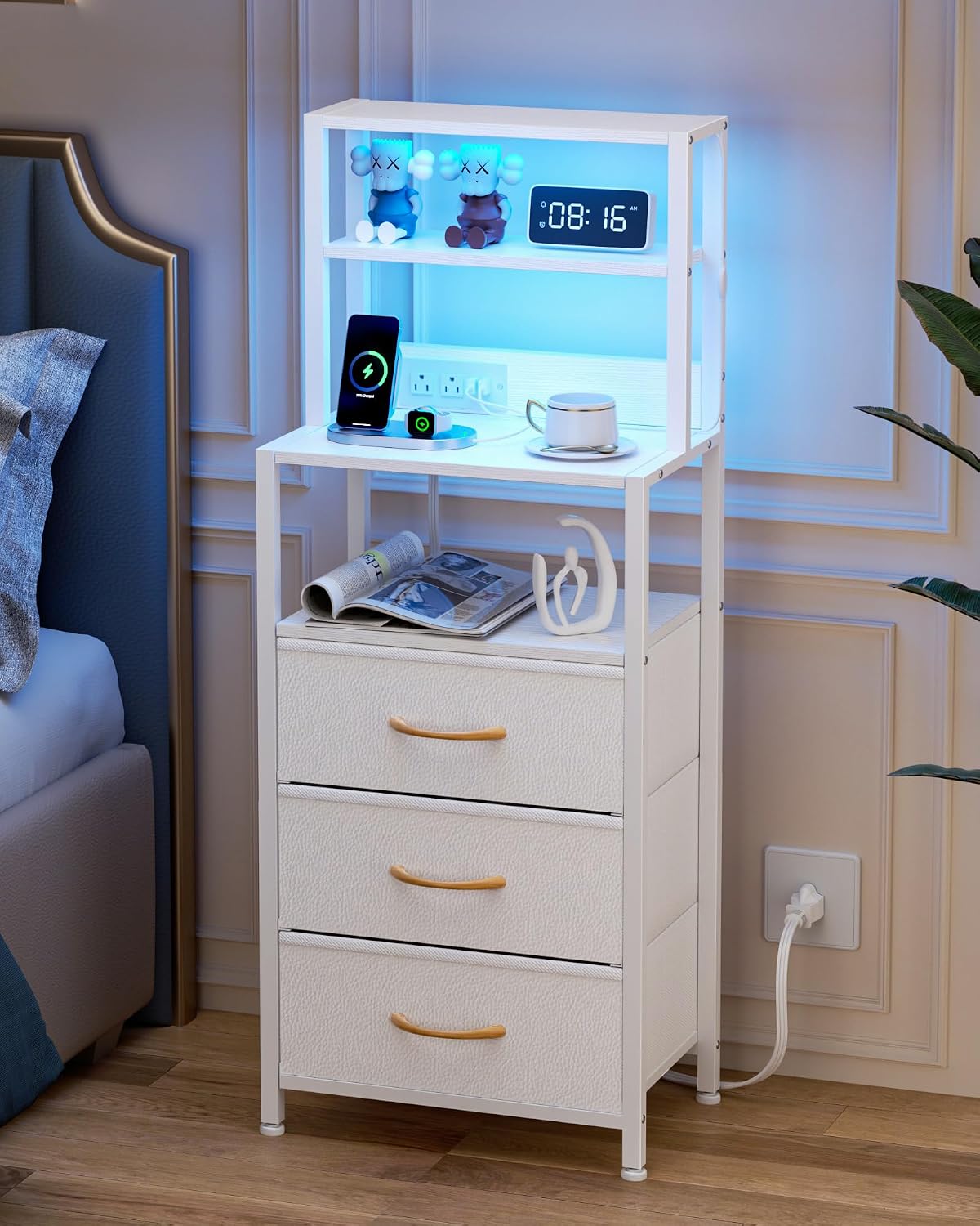 Furnulem Tall Night Stand, White Bedside Nightstand with Charger Station