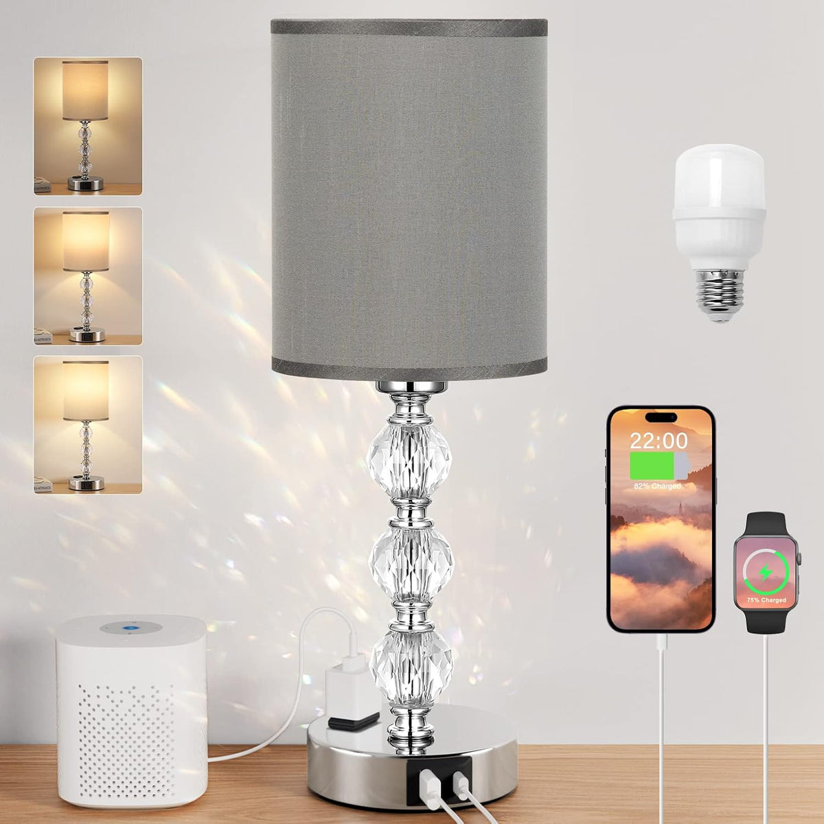 Grey Touch Bedside Lamps for Bedrooms - Crystal Table Lamp with USB C+A Charg...