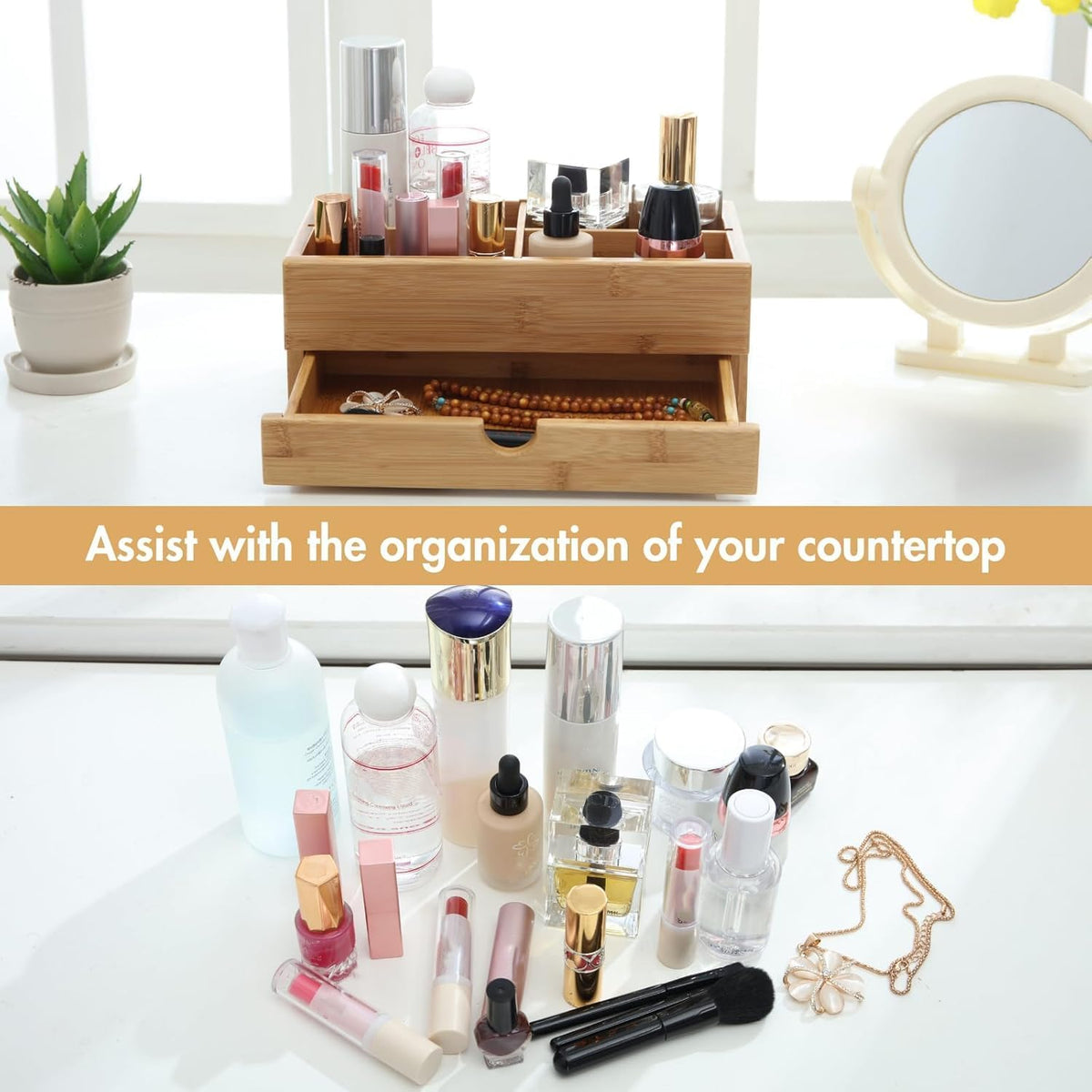 GOBAM Bamboo Makeup Organizer and Storage with Drawer, Wooden Cosmetic Organi...
