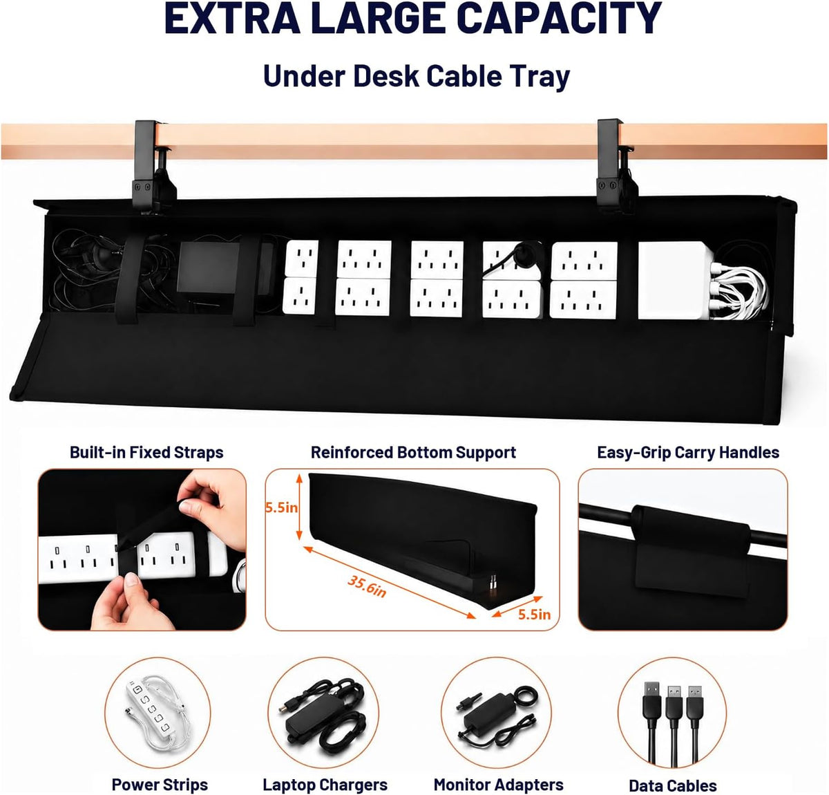 Under Desk Cable Management Tray 36" No Drill Metal Cord Organizer 70lbs
