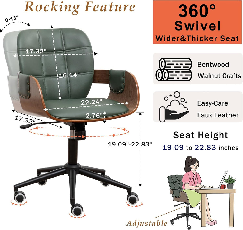 Mid Century Modern Desk Chair, Faux Leather Office Chair with Walnut Finish | Ergonomic Curved Back, Bentwood Frame, 360° Swivel & Rocking Function, Height Adjustable 19"-23", Support Up to 350 lbs