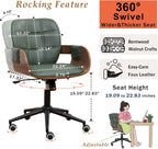 Mid Century Modern Desk Chair, Faux Leather Office Chair with Walnut Finish | Ergonomic Curved Back, Bentwood Frame, 360° Swivel & Rocking Function, Height Adjustable 19"-23", Support Up to 350 lbs