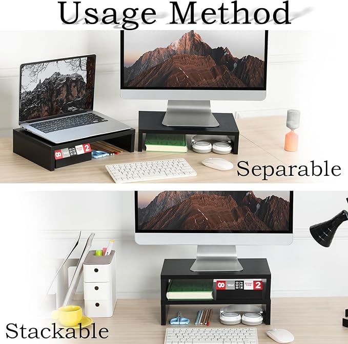 TEAMIX Wood Monitor Stand Riser-2 Pack, 2 Tier Adjustable Monitor Stand Dual - Image 2