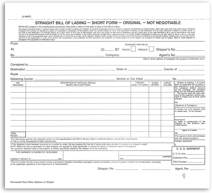 NextDayLabels - Short Form Straight Bill of Lading, 8-1/2 x 7", 3 Part NCR by NextDayLabels