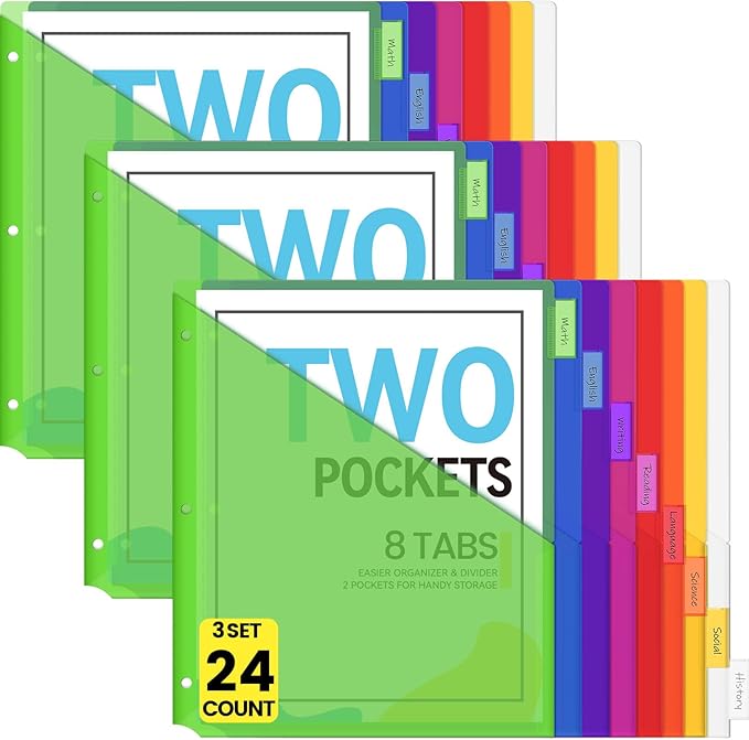 Sooez 24 Count Dividers with Pockets, 8 Tabs Binder Dividers by Sooez