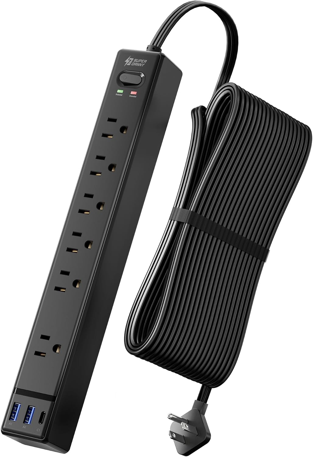 20Ft Long Extension Cord, SUPERDANNY Flat Plug Surge Protector Power Strip