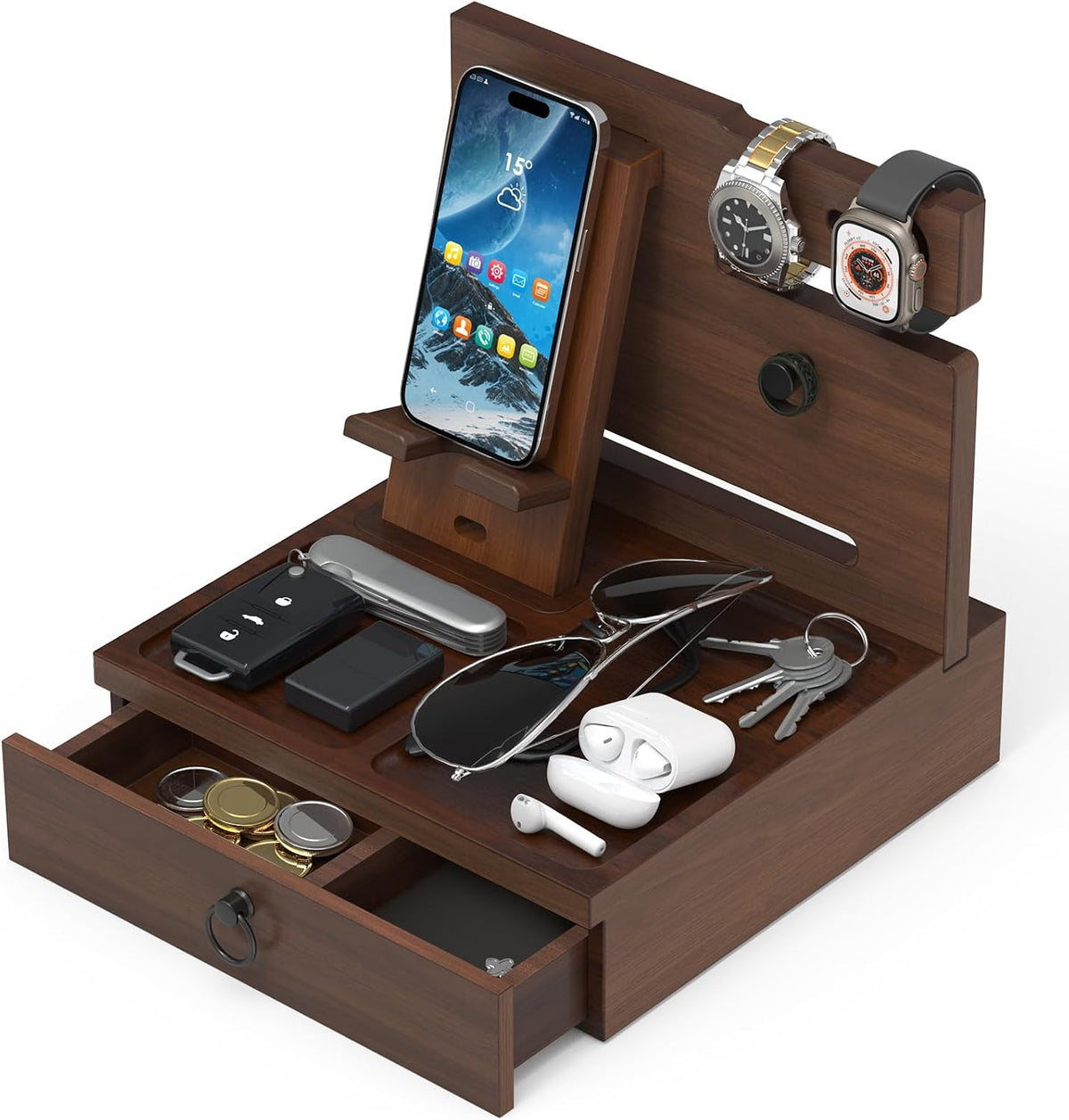 Wood Phone Docking Station, Nightstand Organizer with Drawer