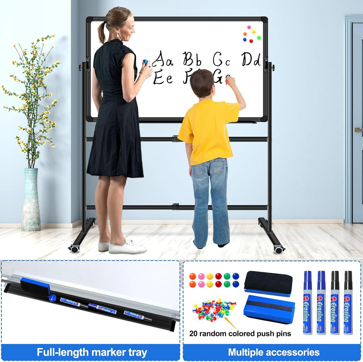 Max-officoo 36"x24" Double-Sided Mobile Whiteboard and Cork Boards ...