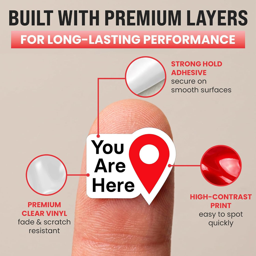 50pcs You are Here Bright Red Die Cut Vinyl Stickers 0.5 Inch | 0.5 Inch Small Map Pointer Stickers for Travel & Directories - Bright Red Die Cut Vinyl
