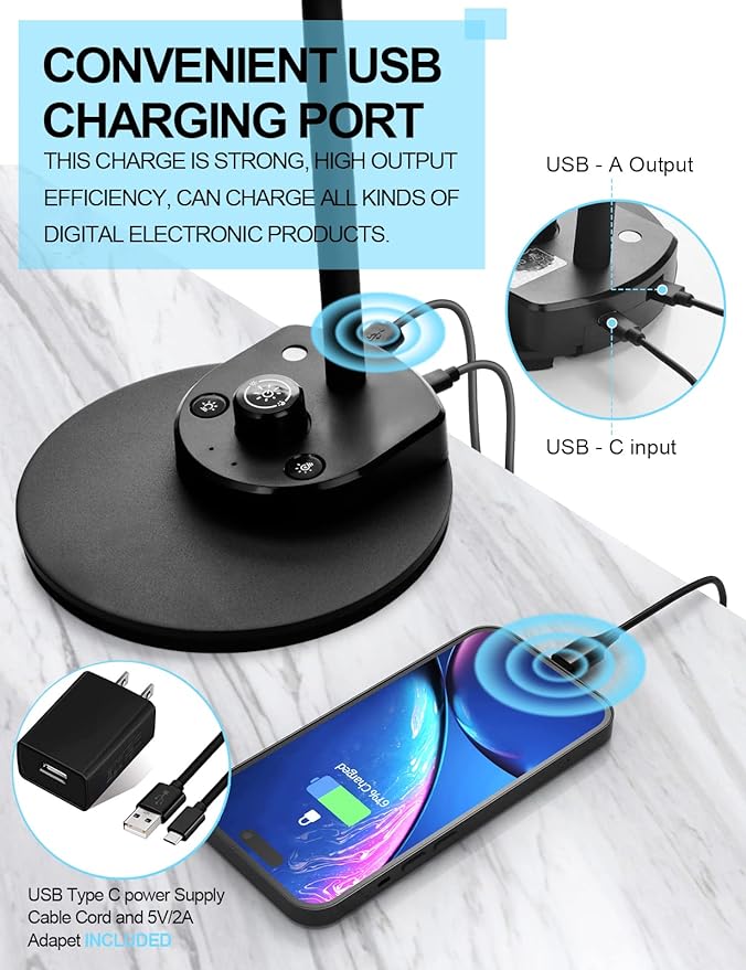BOHON LED Desk Lamp with USB Charging Port 3 Color Modes Dimmable Reading Light - Image 4