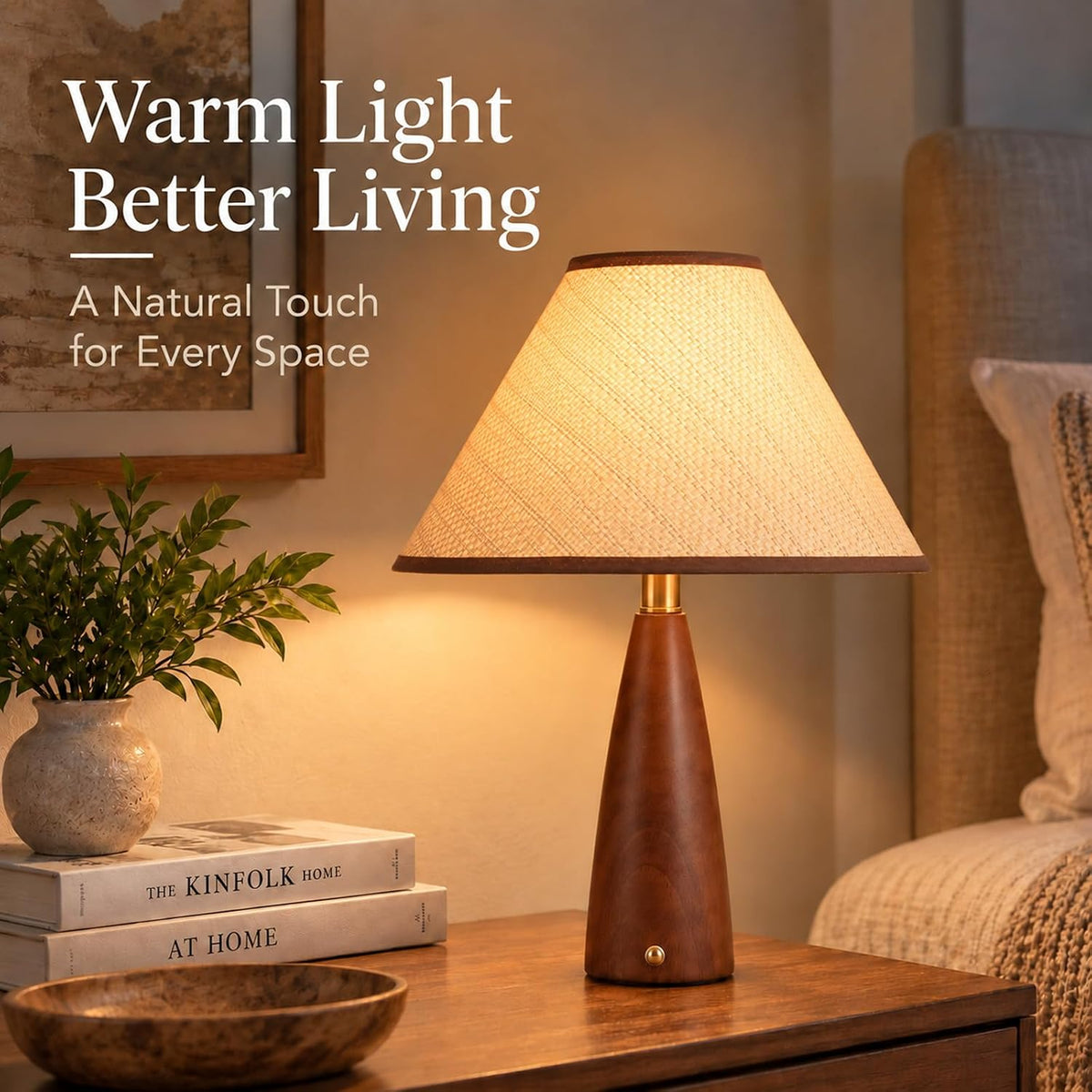 Mid Century Modern Touch Table Lamp with Brown Wooden Base