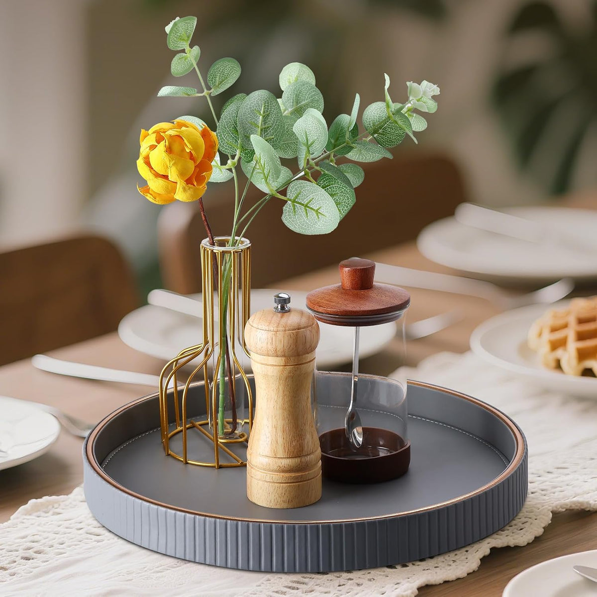 KINGFOM Round Decorative Tray, PU Leather Vanity Tray Organizer with Gold Tri...