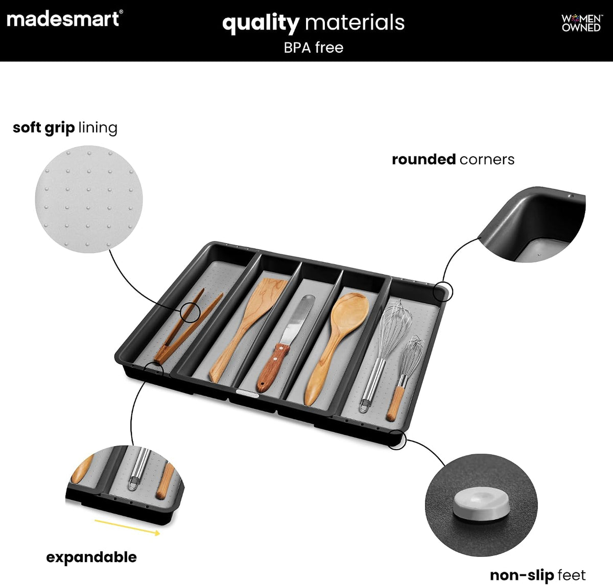 madesmart Classic Expandable Compartment Utensil Tray, Granite