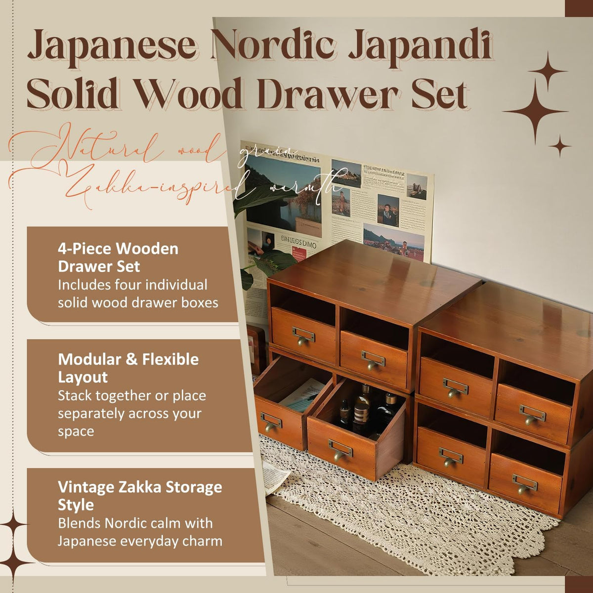 4-Pack Wide Wooden Desktop Drawer Organizer with Brass Label Holders - Horizo...