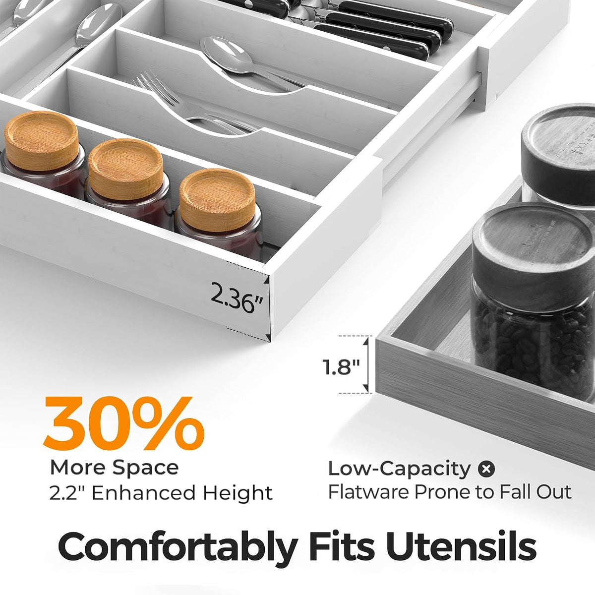 Bamboo Silverware Drawer Organizer, 6-8 Slots Kitchen Drawer Tray