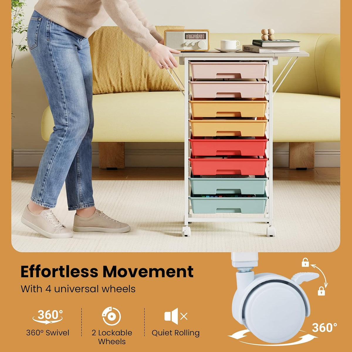 GOFLAME 8-Drawer Rolling Storage Cart with Foldable Wooden Top