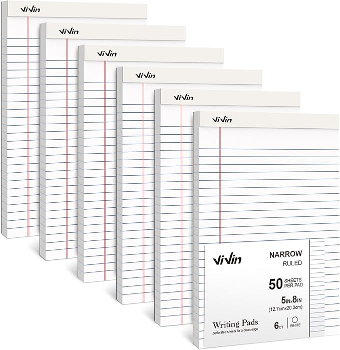 ViVin 5 x 8 Inch Legal Pads, 6 Pack, Narrow Ruled, 50 Sheets Per Writing Pad by ViVin