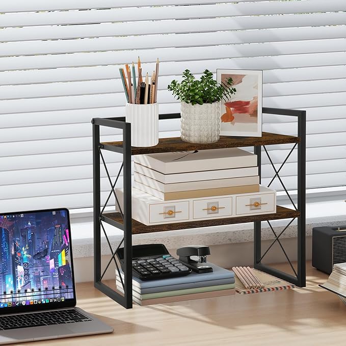 YINMIT Desktop Shelf Organizer, 2 Tier Office Shelves, Wood Desk Organizer - Image 2