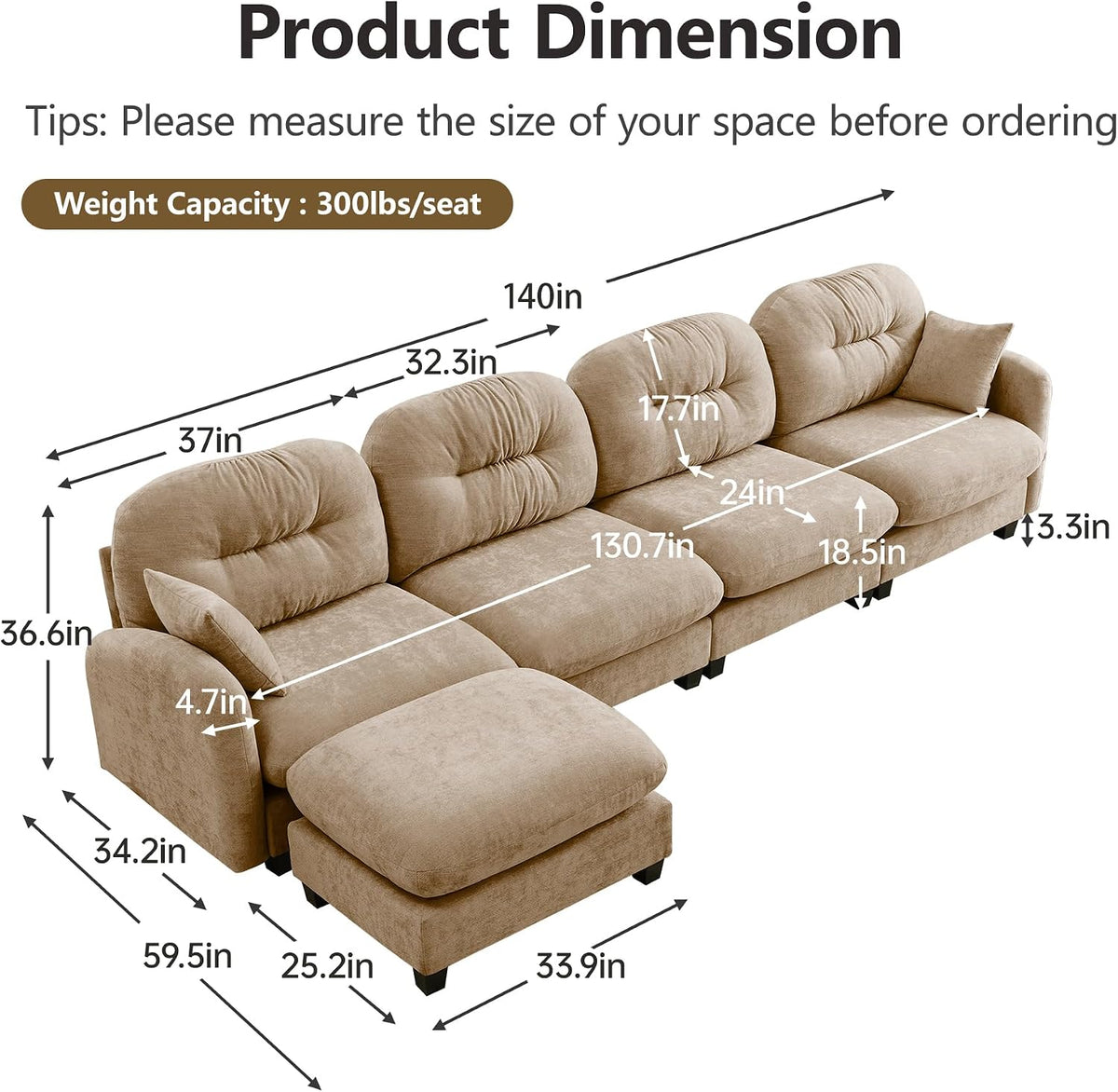 KEIKI 140" L-Shaped Oversized Chenille Modular Sectional Sofa with 1 Ott...