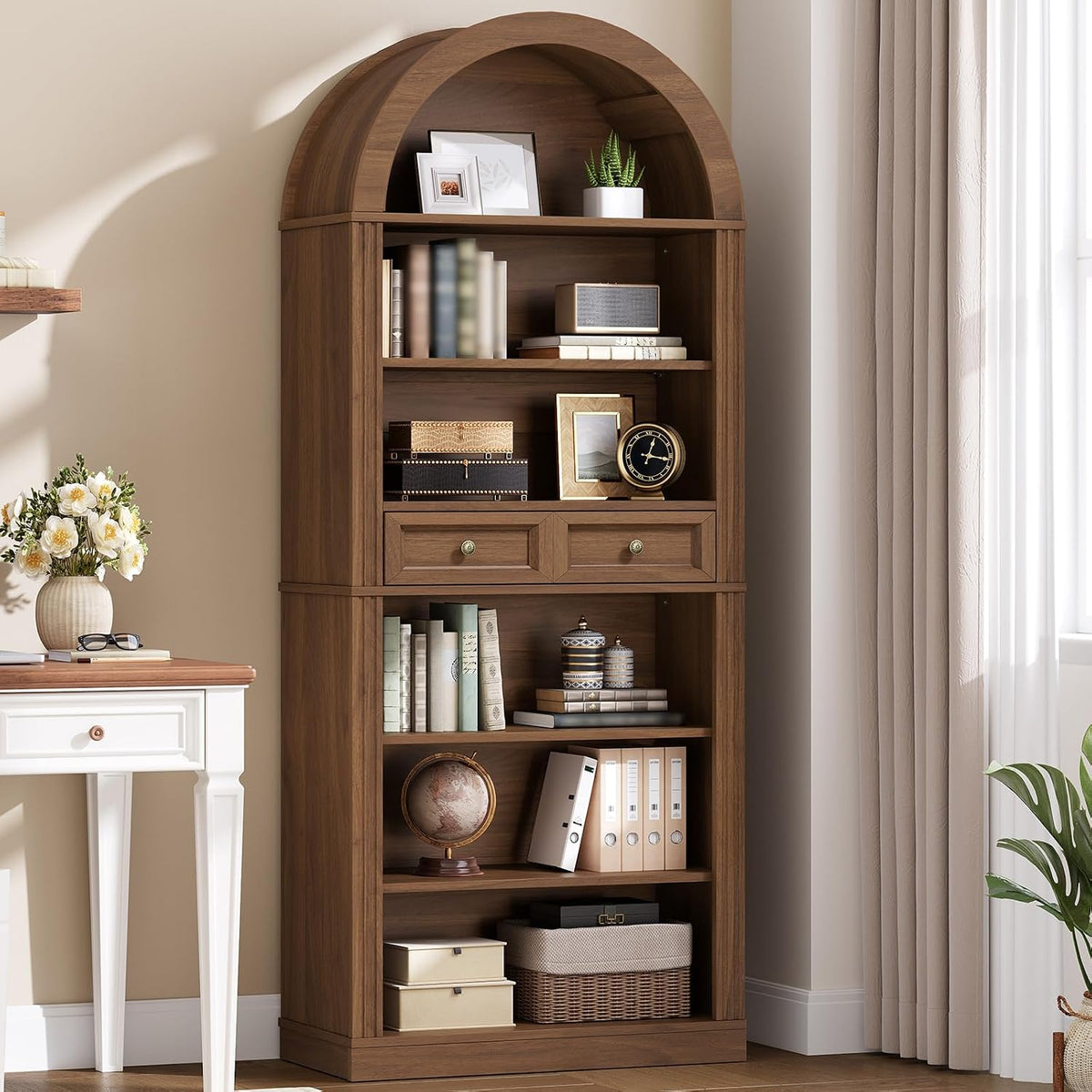 RALGEND Arched Bookshelf, 73" Tall Arch Bookcase with Drawer, 6-Tier Far...