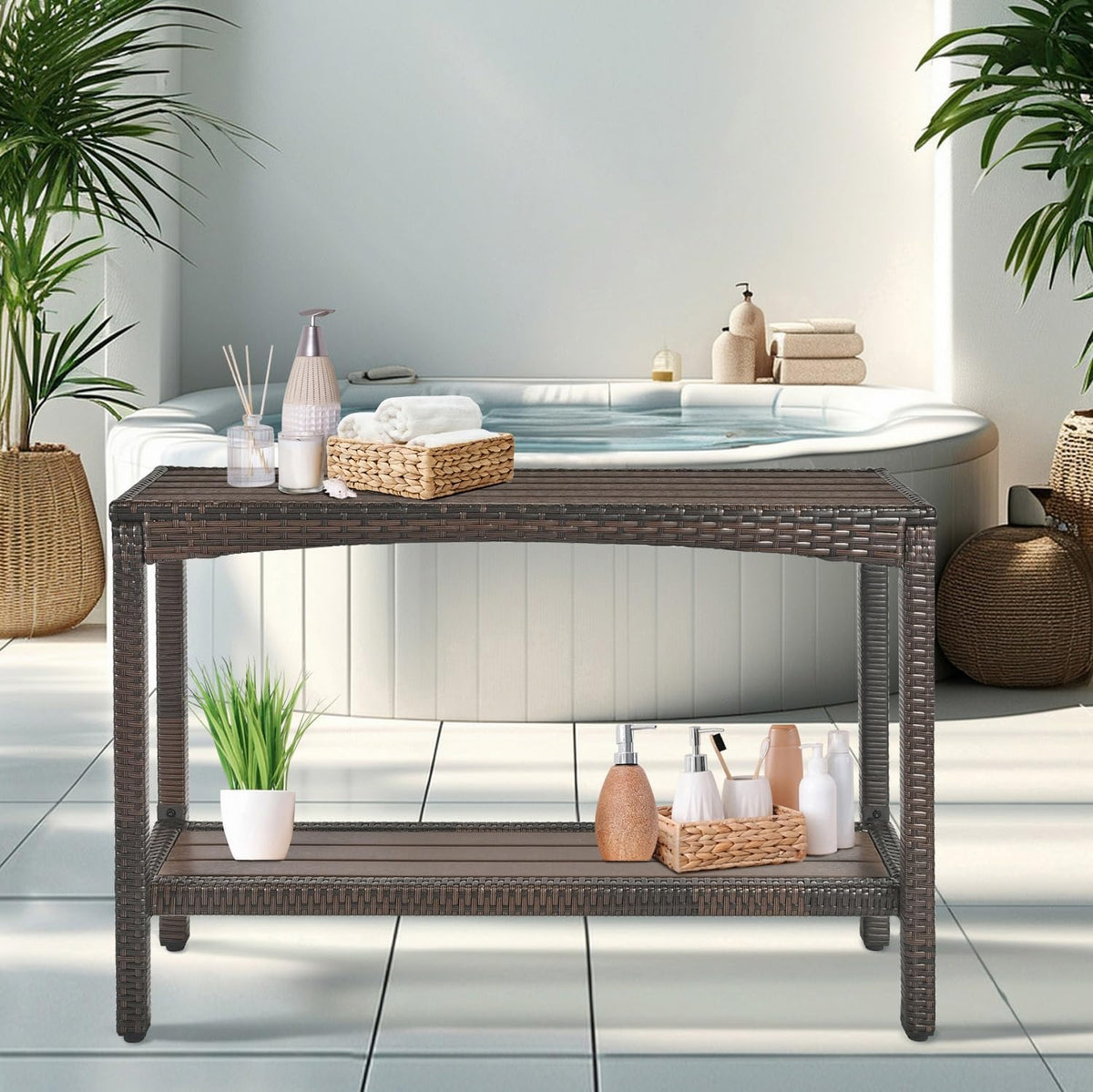 Outdoor Console Table Patio Buffet Bar Storage Organizer 45" Long Wicker...