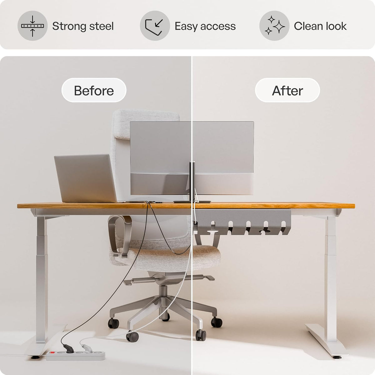 PAMO Cable Management Under Desk, Set of 3 - Grey/Silver