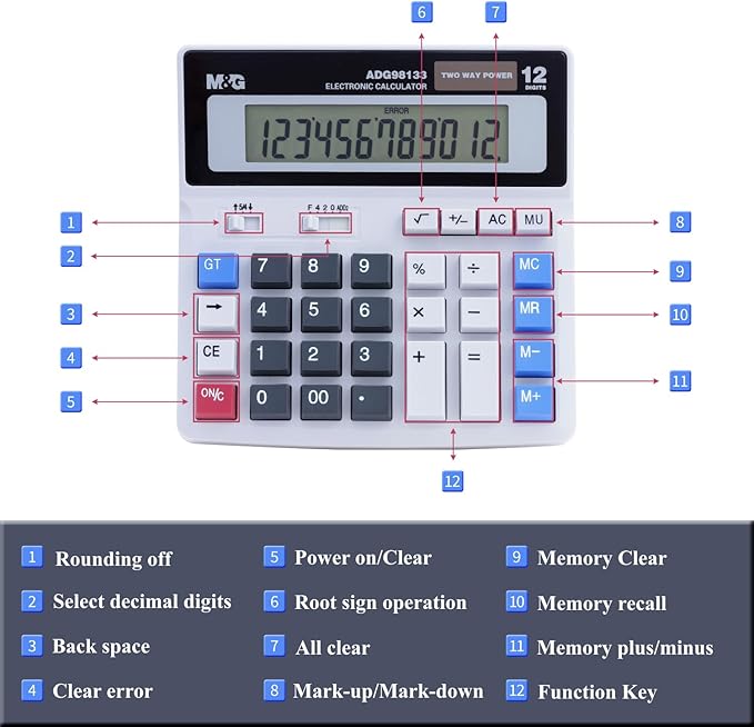 M&G Desk Calculator 12 Digit Extra Large LCD Display, Dual Solar Power and - Image 7