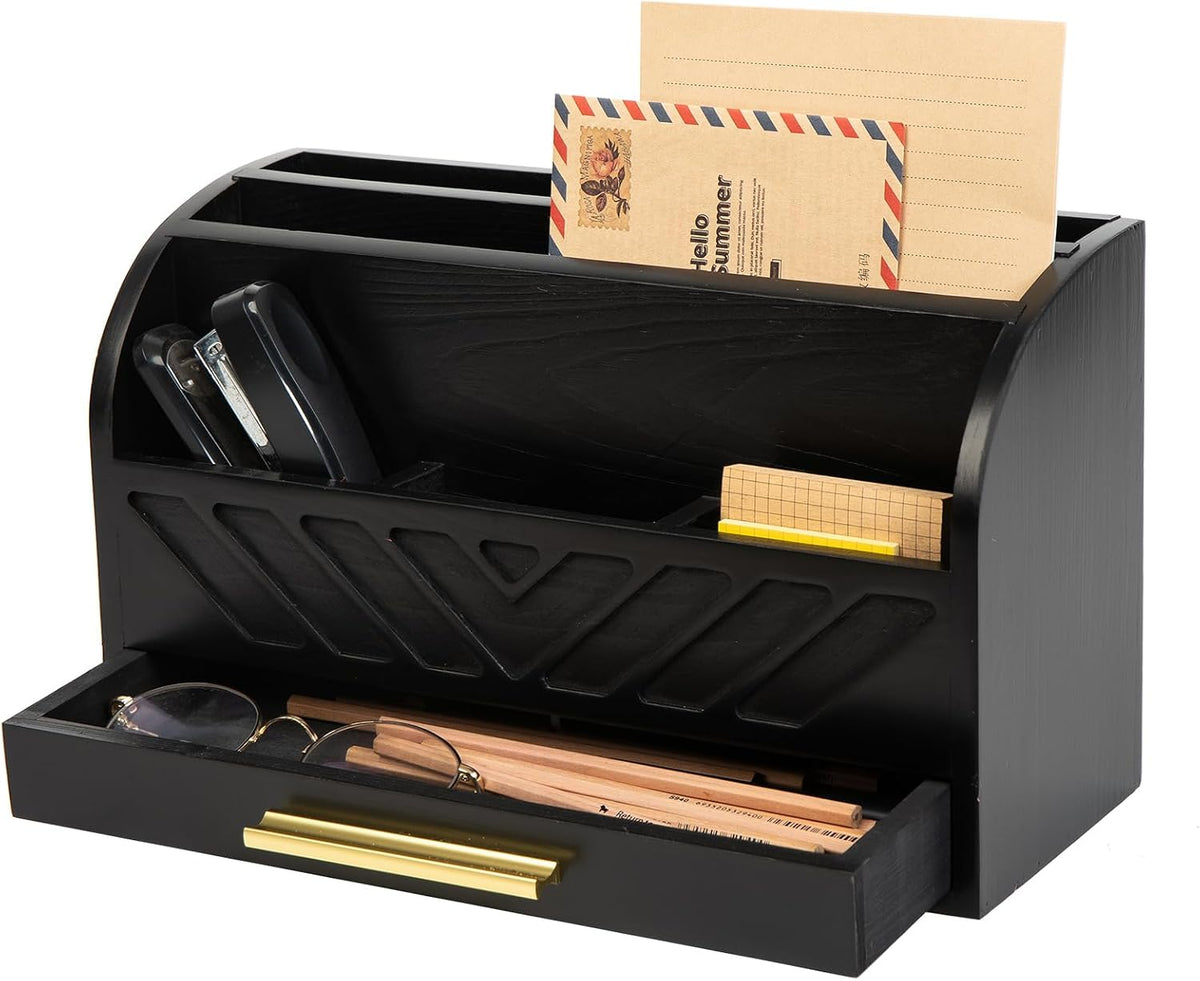 Wooden Desk Organizer with Drawer, Rustic Mail Holder & Office Storage