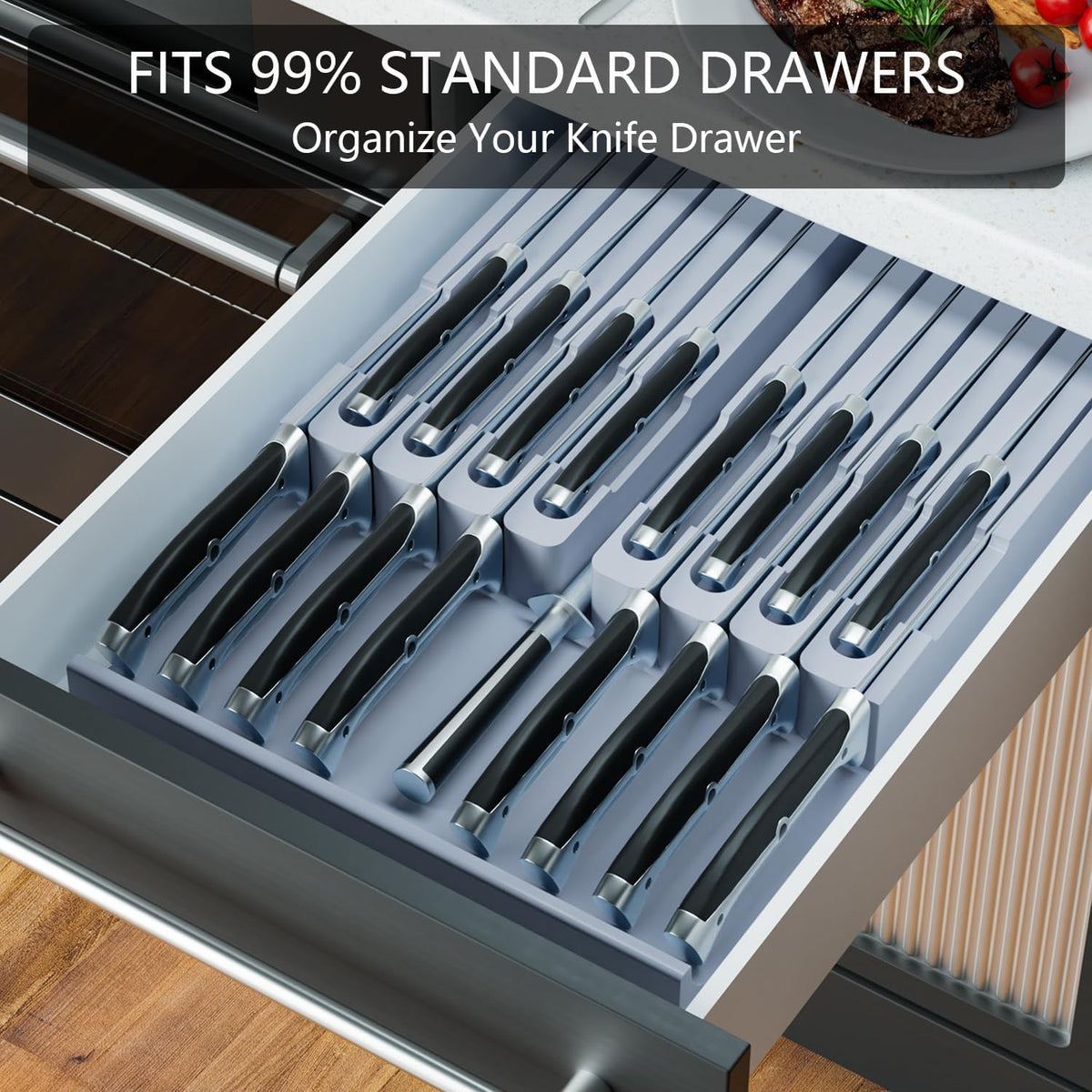 Domax Knife Drawer Organizer Insert Bamboo for 16 Knives, Gray