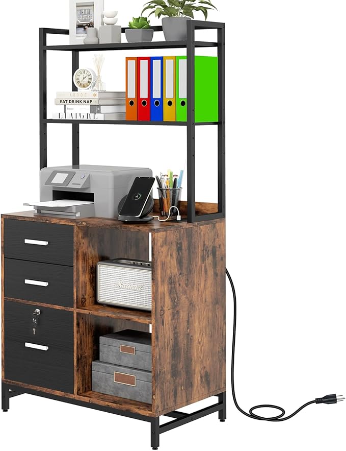 Livofloral Filing Cabinet with Charging Station, Files Cabinet with Shelves by Livofloral