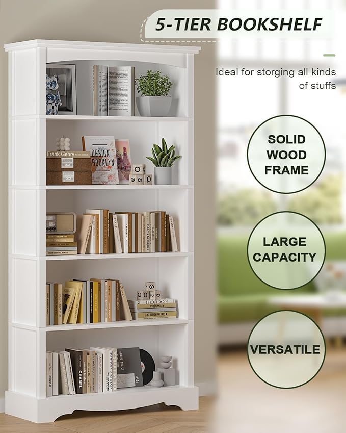 TVU 5-Tier Wooden Bookshelf, 65 Inch Tall Bookshelf - Image 6
