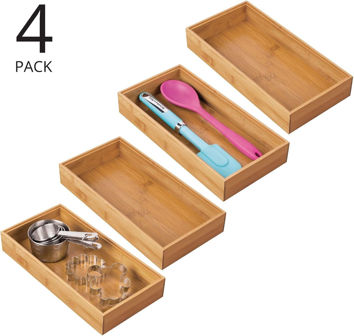 mDesign Wooden Bamboo Drawer Organizer - 12" Long Stackable Storage Box ...