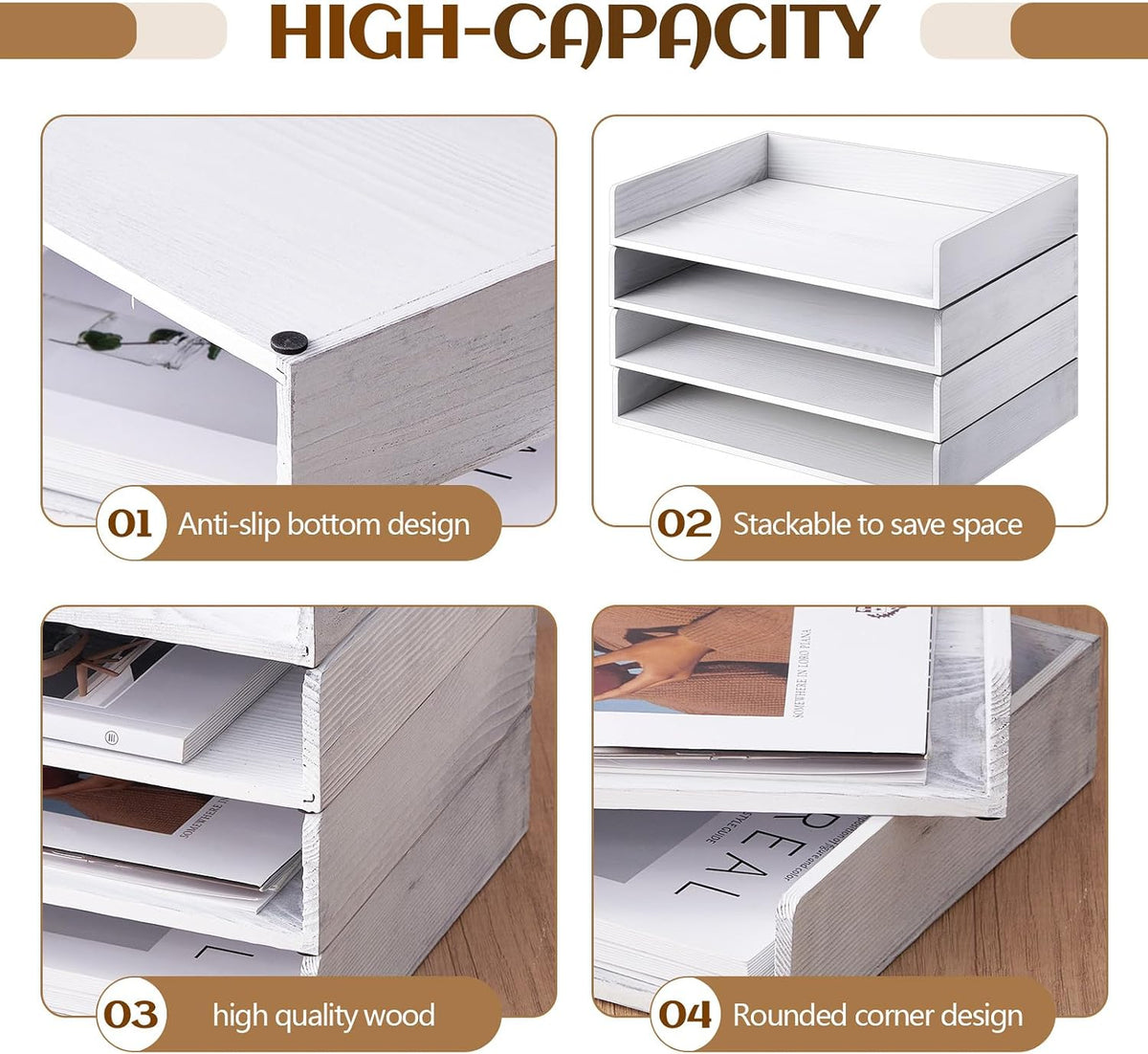 Yeaqee 4 Pcs Stackable Organizer Tray Wood Desk Organizer, Vintage White