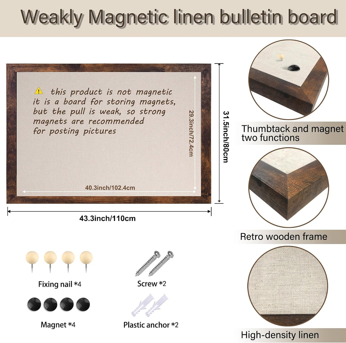 Large Magnetic Bulletin Board 43 x 31 Inch for Wall,Rustic Framed Cork Board ...