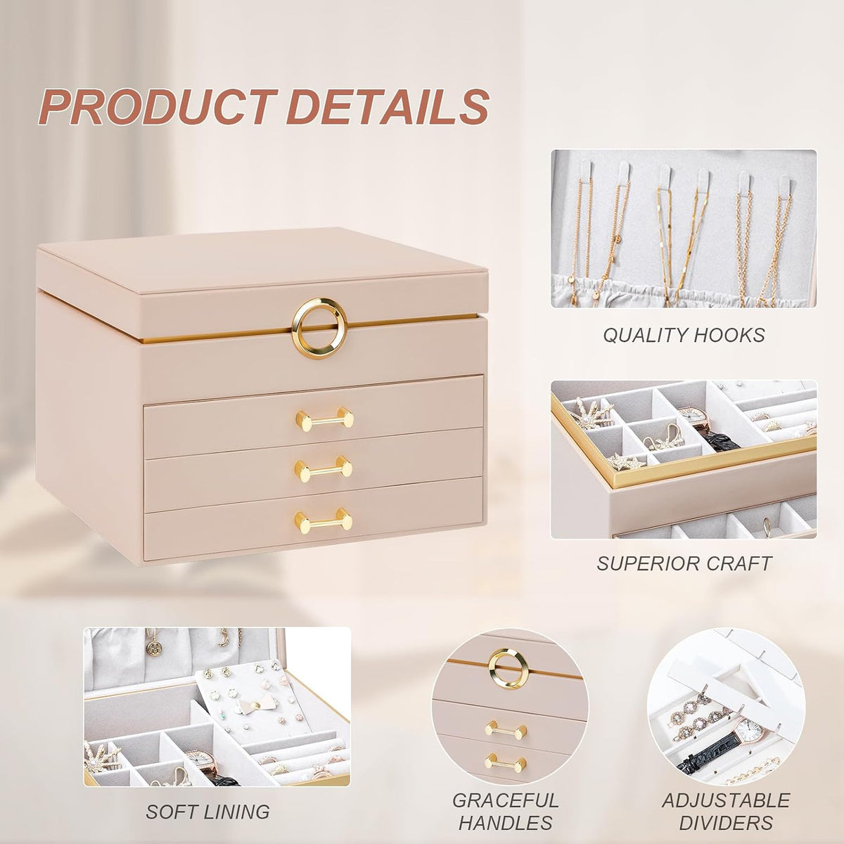 Large Jewelry Box, 4-Layer Leather Organizer, Apricot