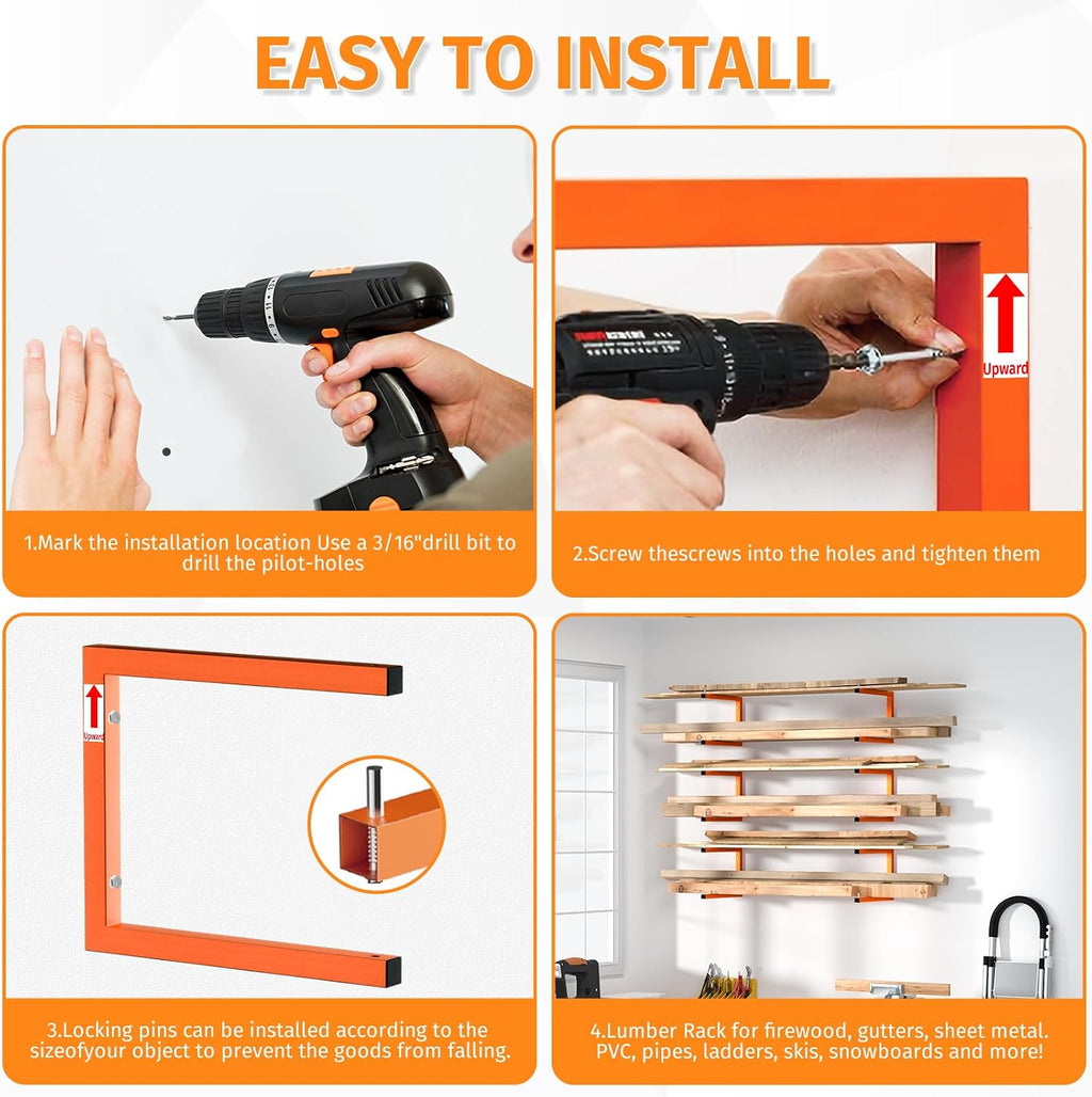lumber storage rack, wall mount wood rack (6 showing dimensions