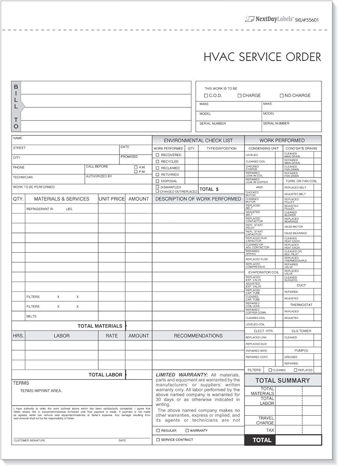 HVAC Service Order Invoice & Repair Detail Form, 3 Part Forms Carbonless 100 by NextDayLabels