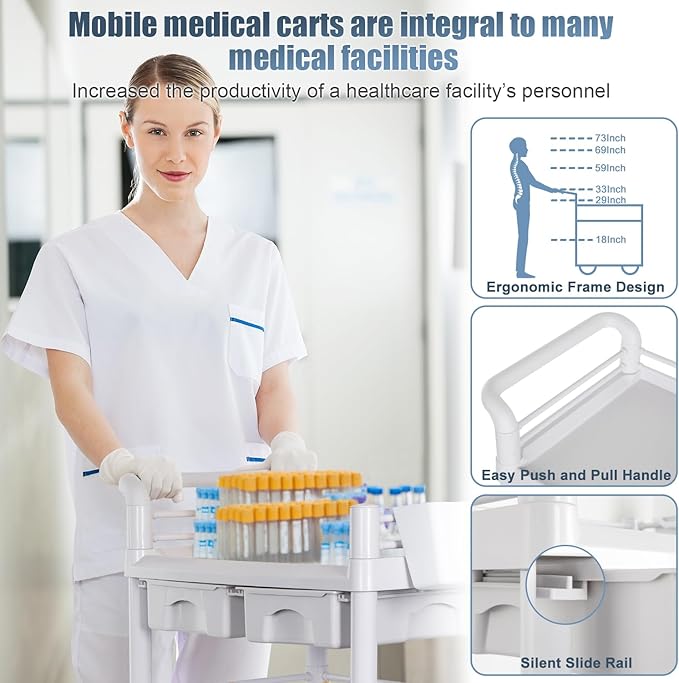 Mobile Medical Carts 3 Tier Professional Utility Cart 330 LBS Max Load Rolling - Image 5